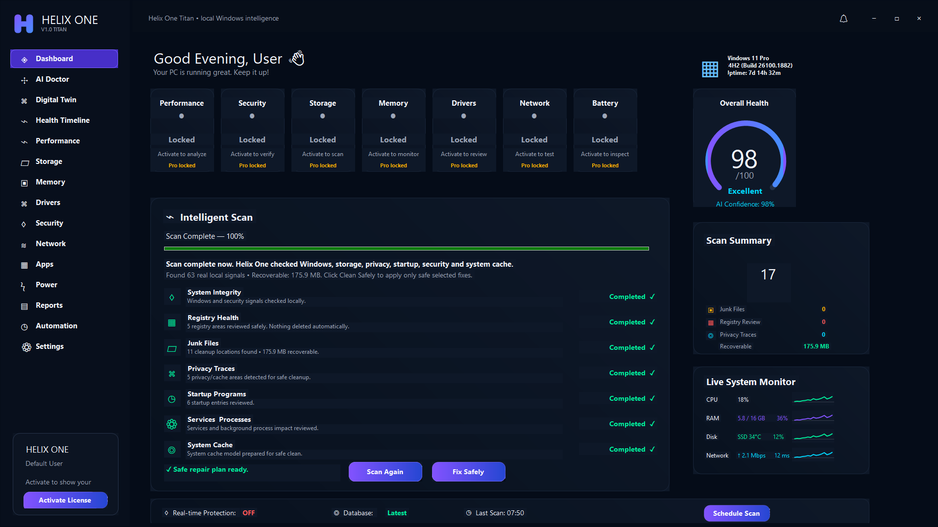 Helix One PC dashboard preview